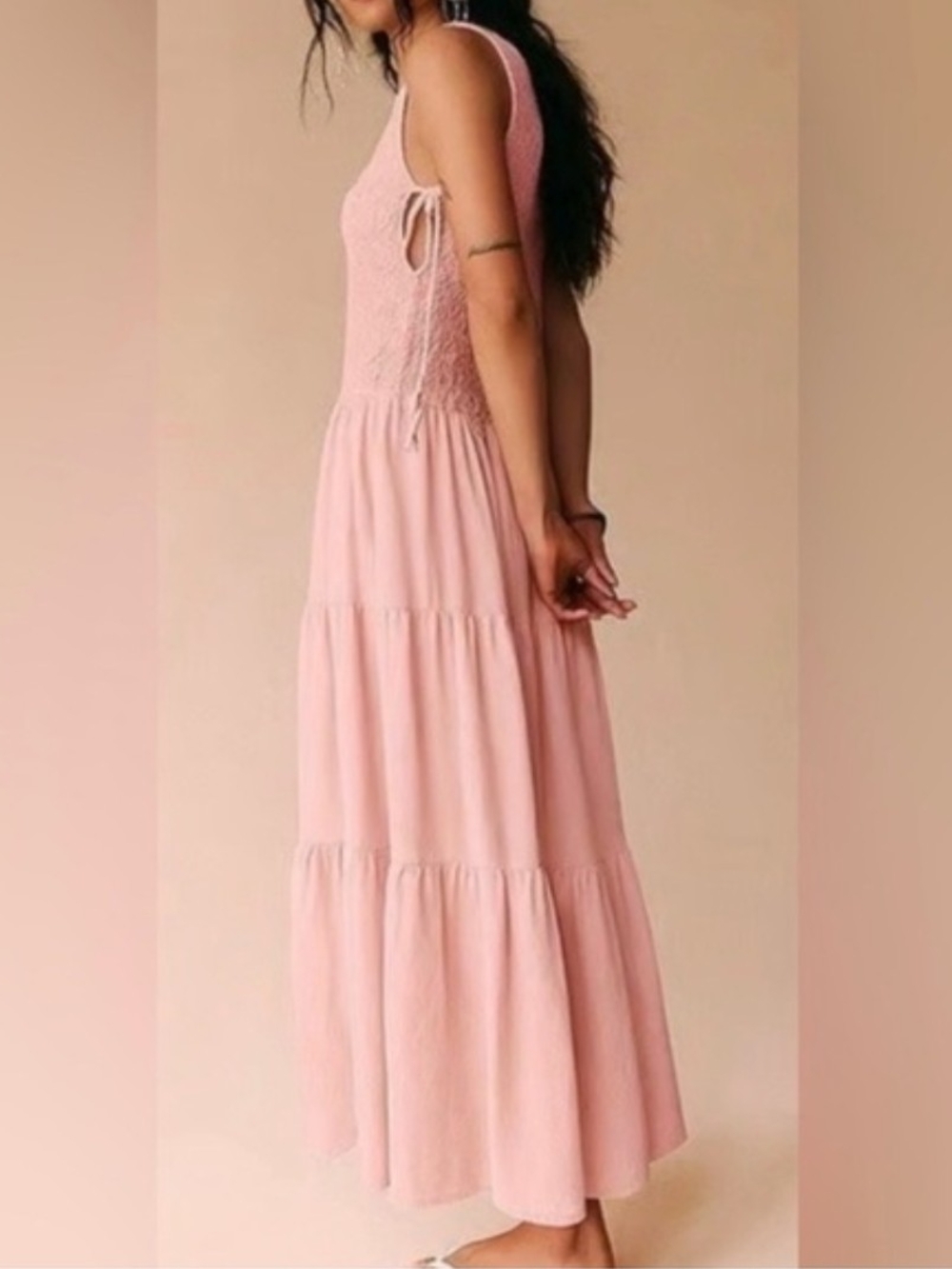 Free People "Sterling" Smocked Side-Tie Maxi Dress in the shade Pink Chalk.